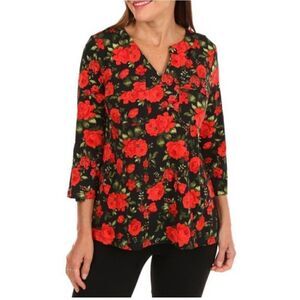 Carolyn Taylor "Carnation Floral" 3/4 Sleeve Roll Tab Blouse Size M‎